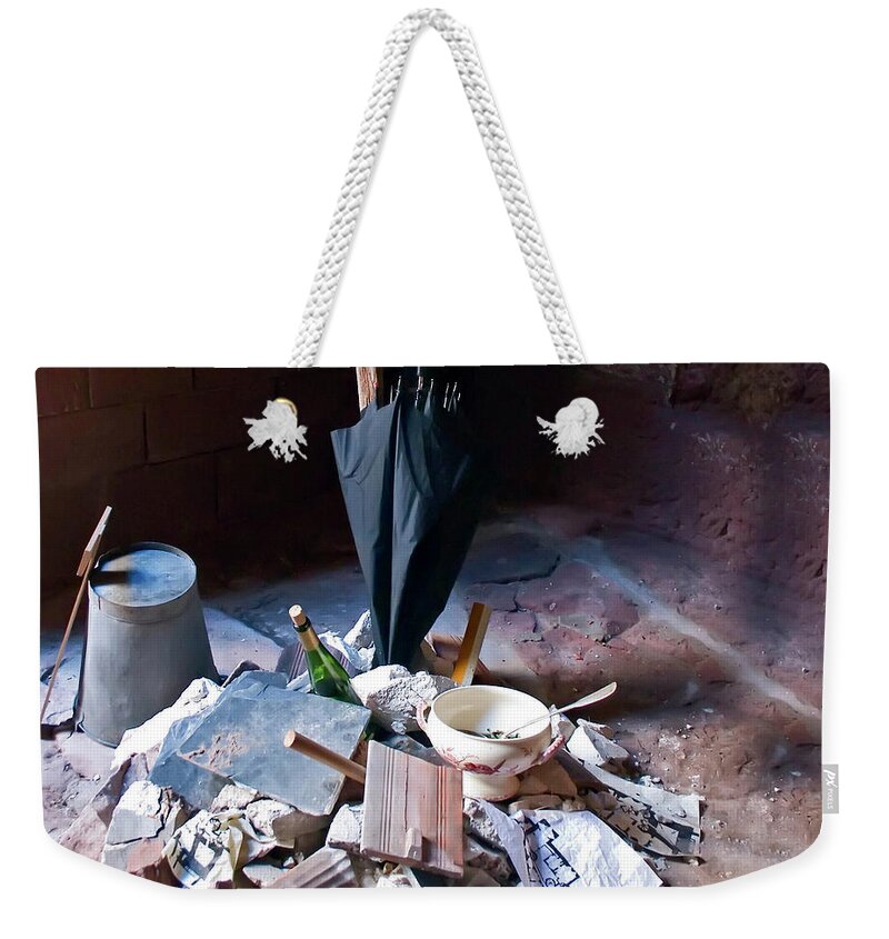 Ombrella Weekender Tote Bag featuring the photograph Put all your bloody rubbish in the basket by Micah Offman