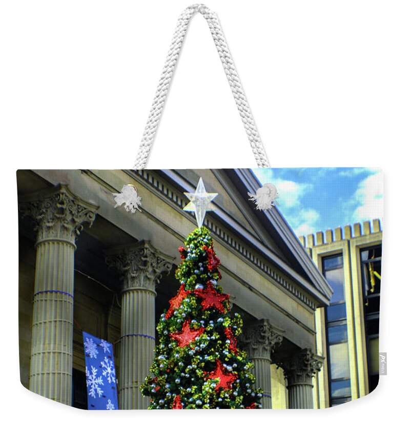December Weekender Tote Bag featuring the photograph West Chester Christmas Tree by Sandy Moulder