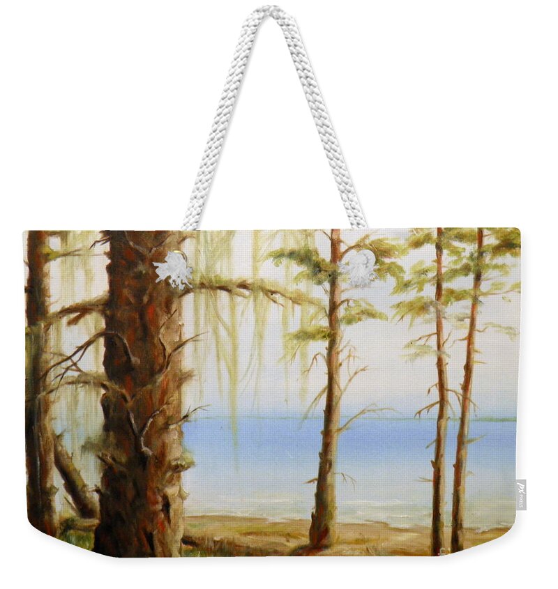 Ocean Water Sea Islands Trees Sky Mist Moss Beach Sand Waves Shadows Light Branches Log Stumps Grass Seascape Landscape Blue Green White Grey Brown Red Yellow Weekender Tote Bag featuring the painting West Coast View by Ida Eriksen