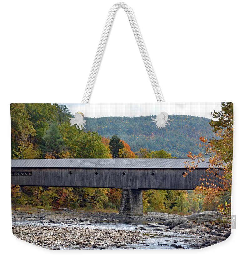 West Dummerstin Weekender Tote Bag featuring the photograph West Dummerston Covered Bridge by Carolyn Mickulas