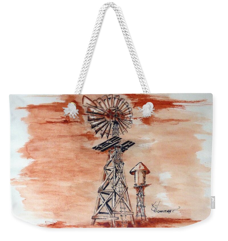 Windmill Weekender Tote Bag featuring the mixed media West Texas Windmill by Kem Himelright