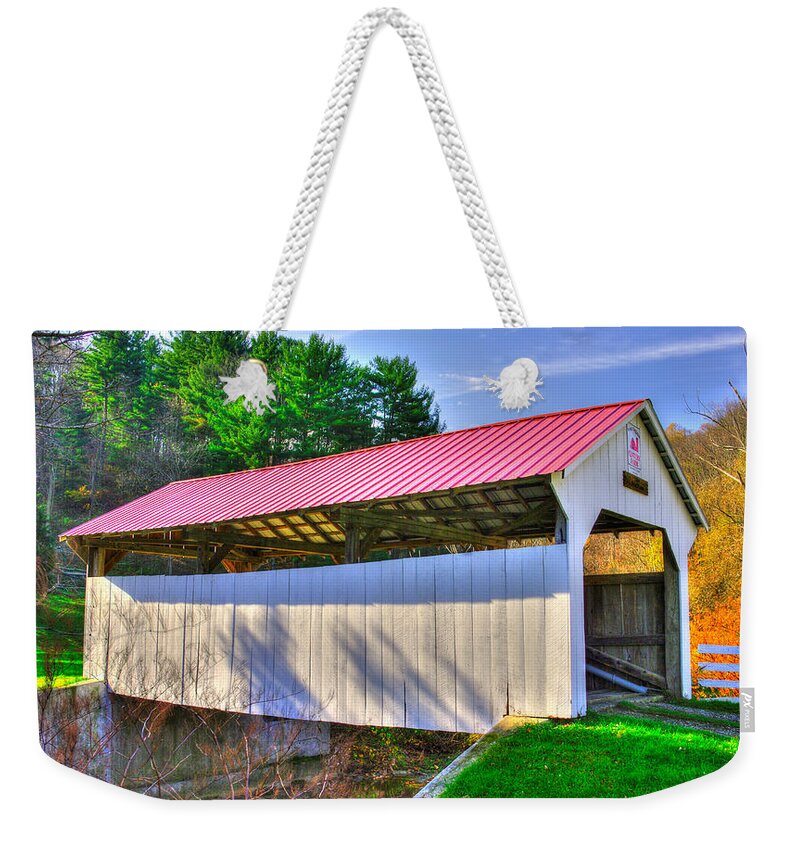 Otte Covered Bridge Weekender Tote Bag featuring the photograph West Virginia Country Roads - Otte Covered Bridge Over Little Grave Creek No. 2 - Marshall County by Michael Mazaika
