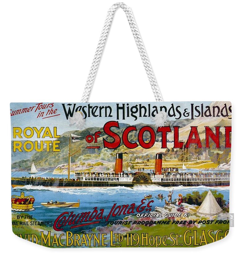 Highlands Weekender Tote Bag featuring the mixed media Western Highlands and Islands of Scotland - Steamship - Retro travel Poster - Vintage Poster by Studio Grafiikka