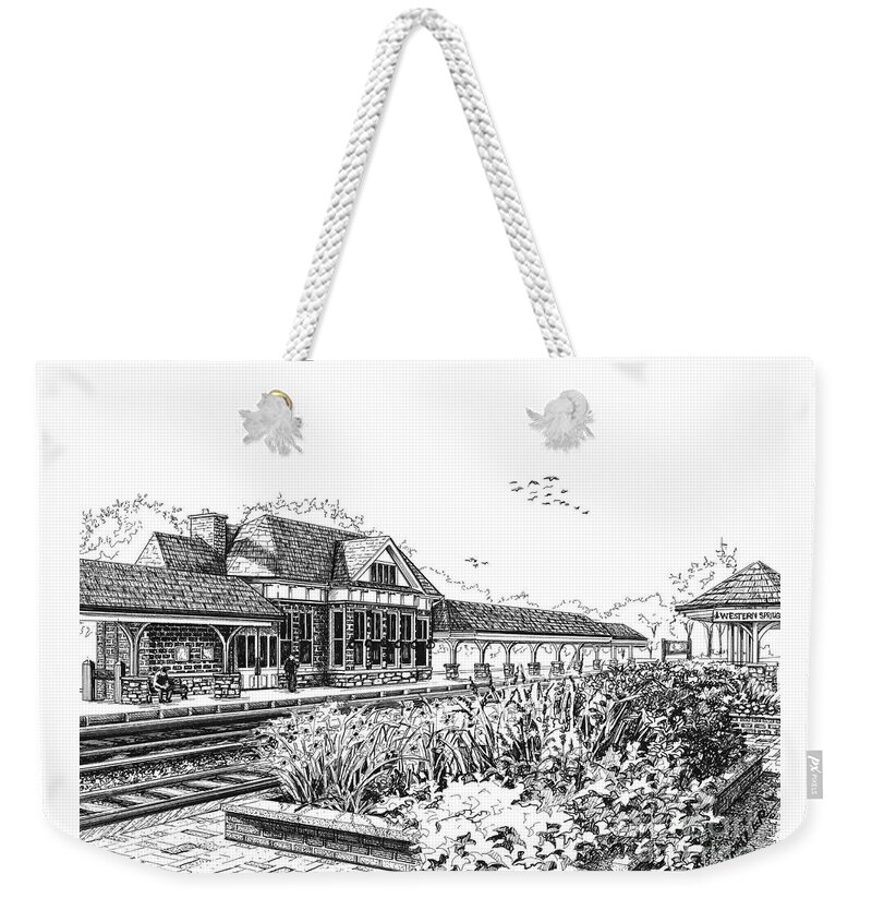 Train Weekender Tote Bag featuring the drawing Western Springs Train Station by Mary Palmer