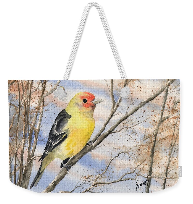 Yellow Weekender Tote Bag featuring the painting Western Tanager by Sam Sidders