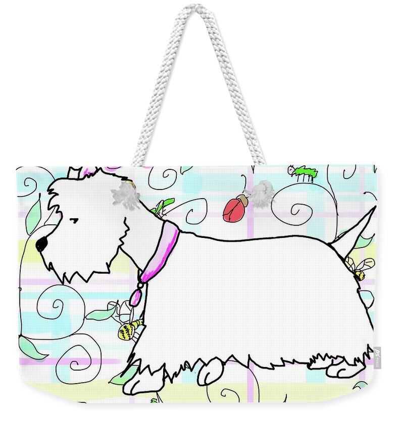 Dog Weekender Tote Bag featuring the digital art Westie in a spring plaid by Debra Baldwin