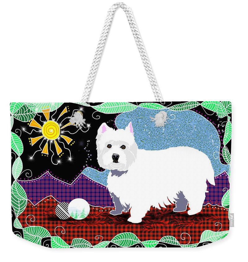 West Highland White Terrier Weekender Tote Bag featuring the digital art Westie patchwork by Debra Baldwin