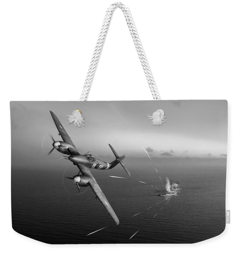 137 Squadron Weekender Tote Bag featuring the photograph Westland Whirlwind attacking E-boats black and white version by Gary Eason