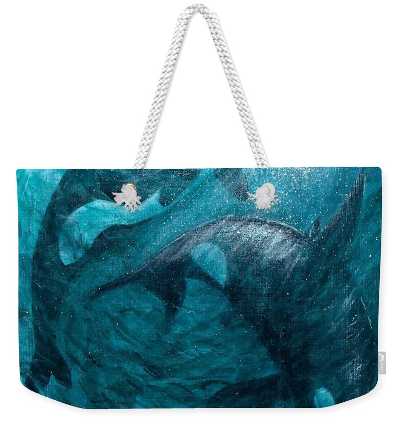 #whales #shamu #ocean #sea #water #environmentalart #sustainable Weekender Tote Bag featuring the painting Whales Ascending Descending by Allison Constantino