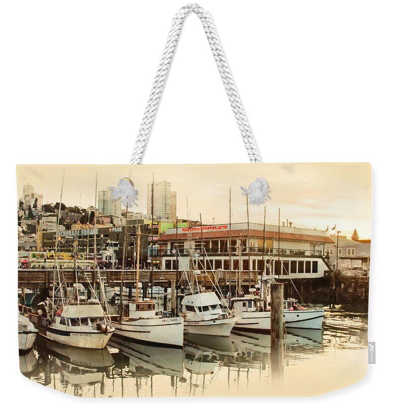 Wharf Boats Near End Of Day Weekender Tote Bag featuring the photograph Wharf Boats Near End of Day by Bonnie Follett