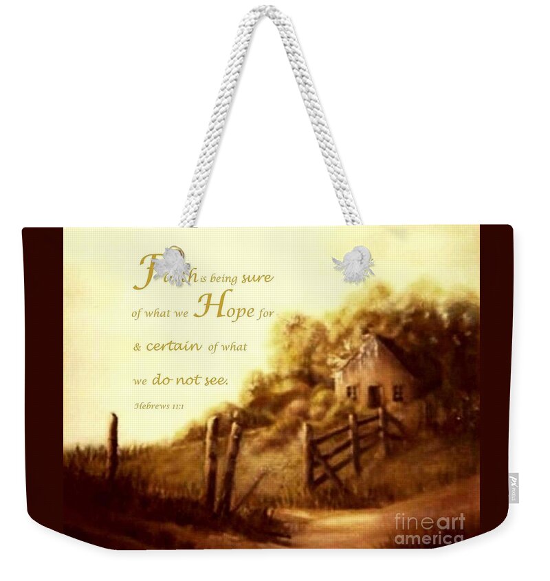 Gold And Green Tones Country Scene Weekender Tote Bag featuring the painting What is Faith by Hazel Holland
