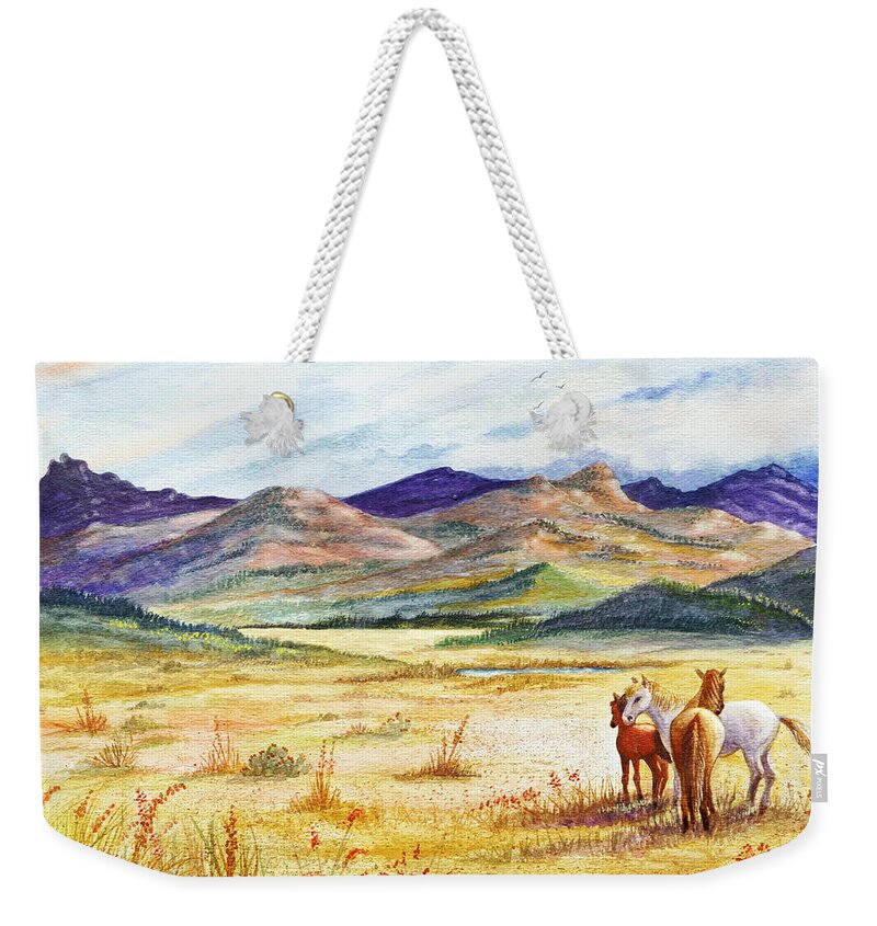 Mountains Weekender Tote Bag featuring the painting What Lies Beyond by Marilyn Smith