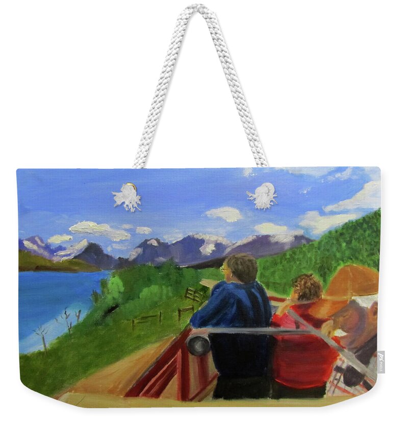 Glacier National Park Weekender Tote Bag featuring the painting What's Out There? by Linda Feinberg