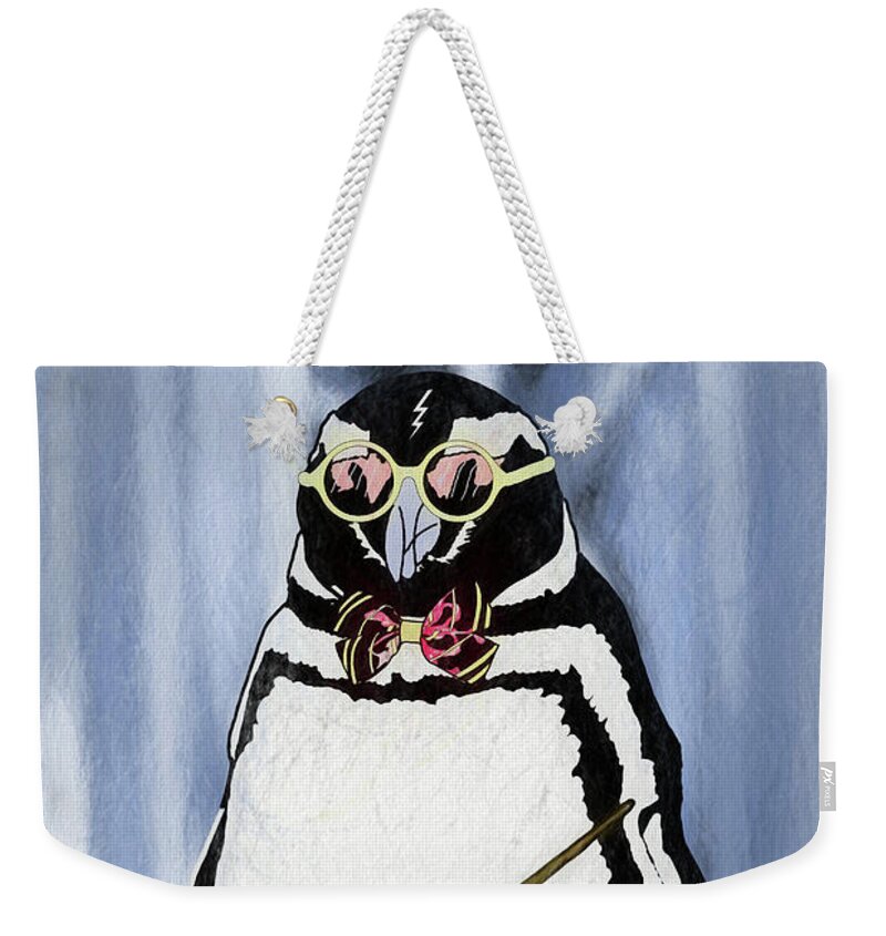 Penguins Weekender Tote Bag featuring the digital art When Penguins Apply to Hogwarts by John Haldane