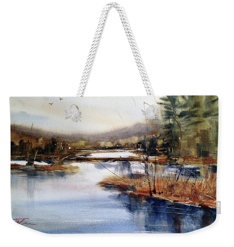 Watercolor Weekender Tote Bag featuring the painting Where Peaceful Waters Flow by Judith Levins