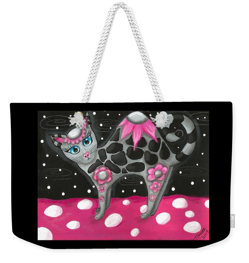 Pink Black Whimsical Kitty Cat Polka Dot Grey Blue Eyes Painting Colorful Vibrant Fun Weekender Tote Bag featuring the painting Whimsical Black Pink Floral Kitty Cat by Monica Resinger
