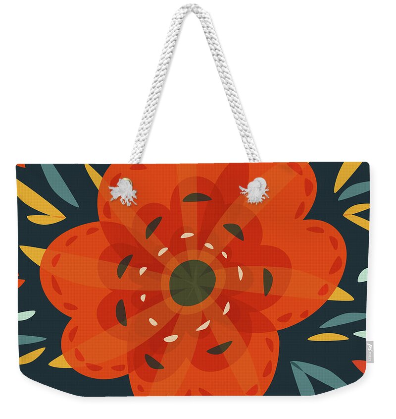 Flower Weekender Tote Bag featuring the digital art Whimsical Decorative Orange Flower by Boriana Giormova