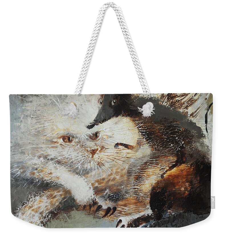 Cat Weekender Tote Bag featuring the painting Whimsical Friendship by Valentina Kondrashova