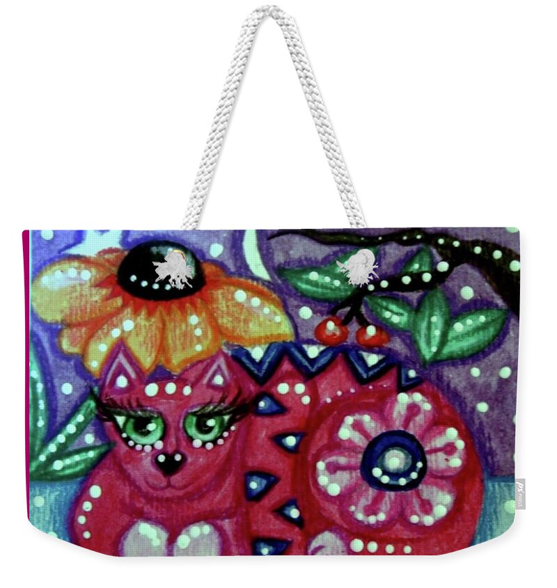 Kitty Weekender Tote Bag featuring the painting Whimsical Kitty Cat with Black Eyed Susan by Monica Resinger