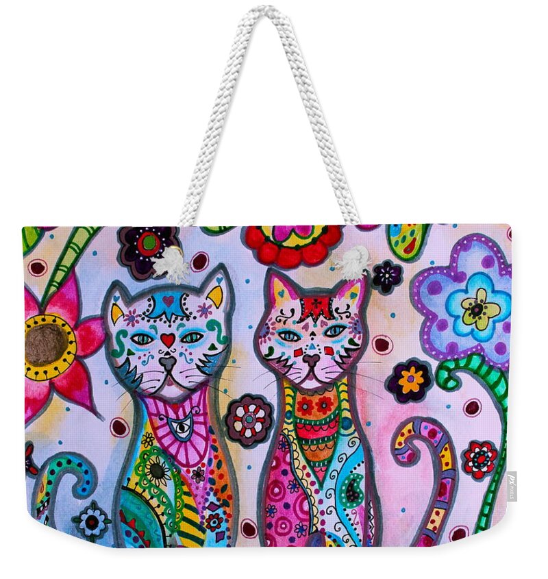 El Gato Weekender Tote Bag featuring the painting Whimsical Talavera Cats by Pristine Cartera Turkus