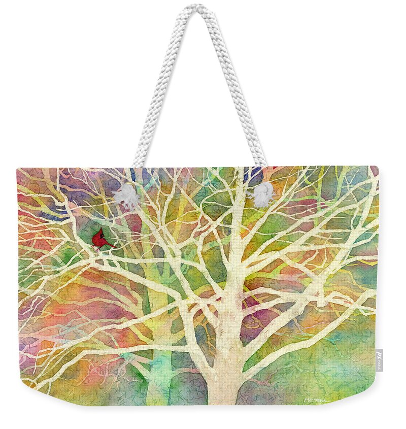 Cardinal Weekender Tote Bag featuring the painting Whisper by Hailey E Herrera