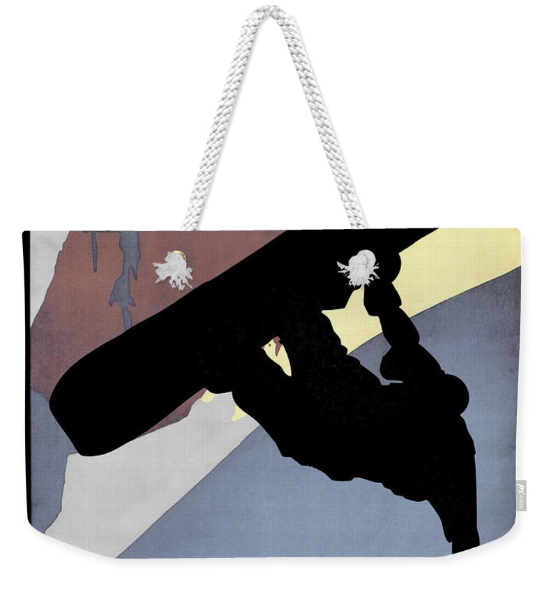 Painterly Weekender Tote Bag featuring the painting Whistler Blackcomb winter sport snowboarding dude by Tina Lavoie