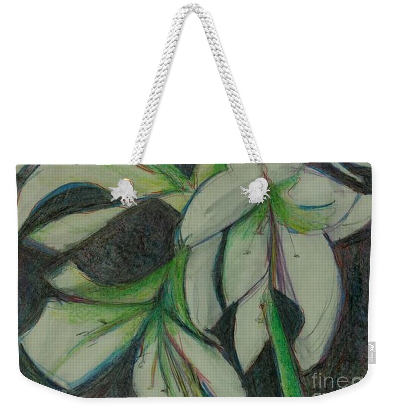 Floral Weekender Tote Bag featuring the drawing White Amaryillis by Diane montana Jansson