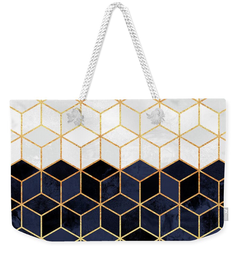 Graphic Weekender Tote Bag featuring the digital art White and navy cubes by Elisabeth Fredriksson