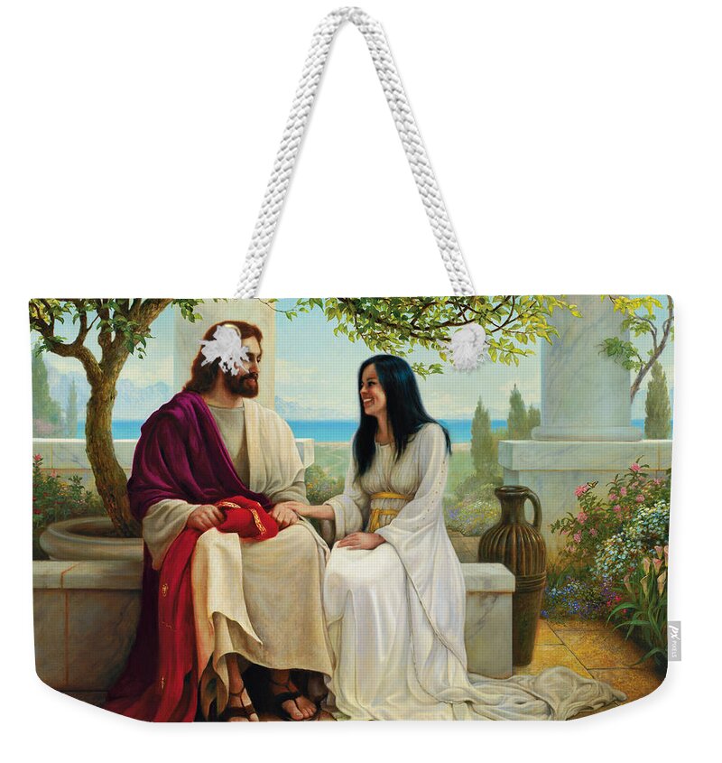 Jesus Weekender Tote Bag featuring the painting White as Snow by Greg Olsen