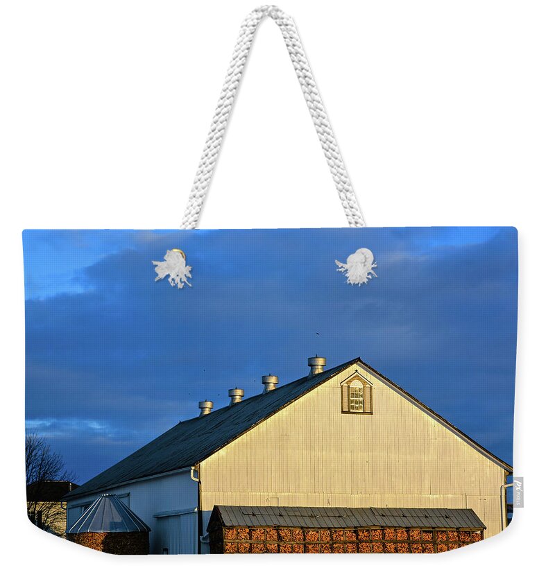 Amish Farm Weekender Tote Bag featuring the photograph Petersheim's Barn on Blue by Tana Reiff