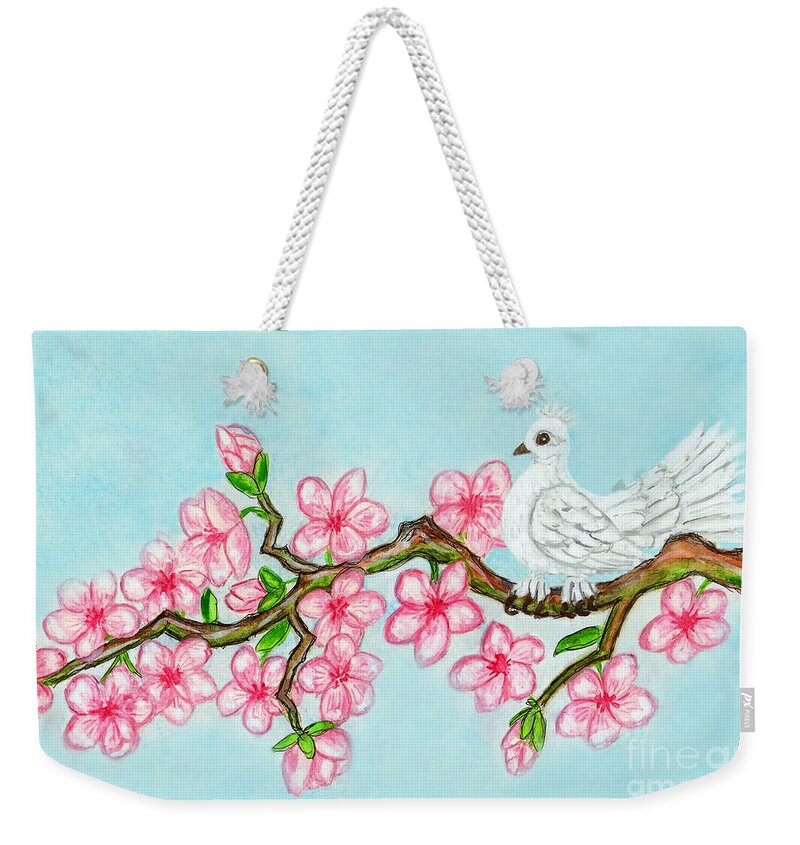 Art Weekender Tote Bag featuring the painting White bird on branch with pink flowers, painting by Irina Afonskaya