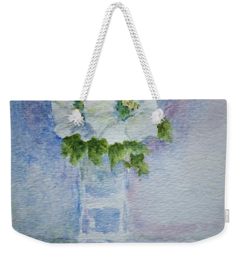 White Weekender Tote Bag featuring the painting White Blooms in Blue Vase by Laurie Morgan