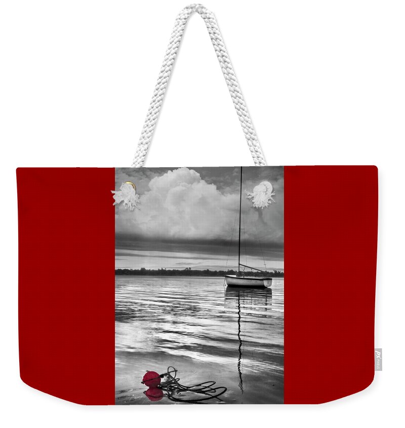 Boats Weekender Tote Bag featuring the photograph White Boat in Creative Black and White Silver Tones by Debra and Dave Vanderlaan