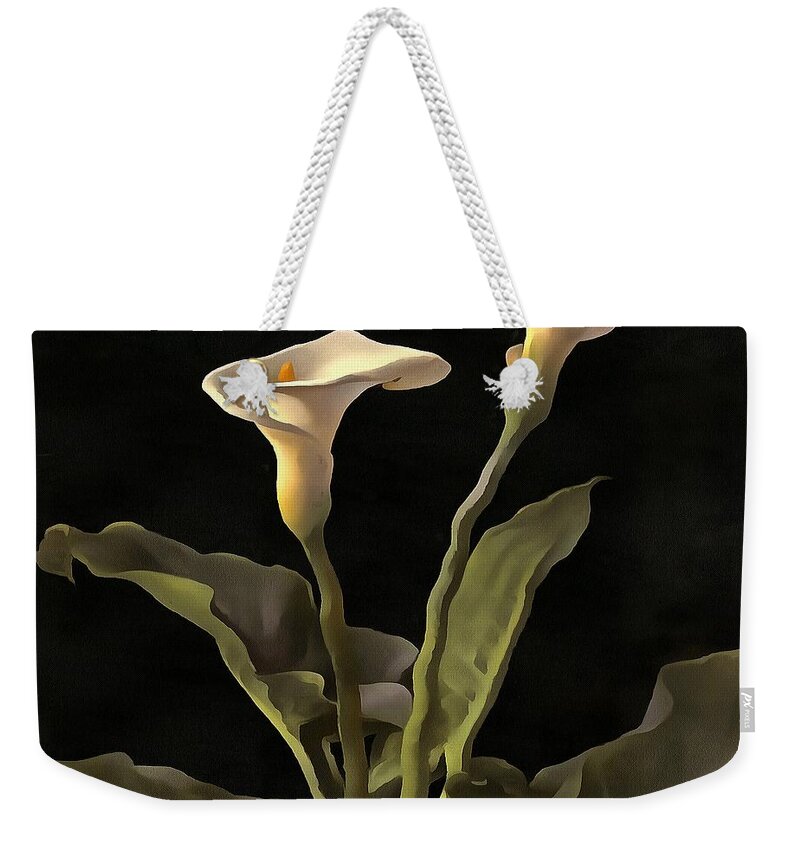 Mothers Day Weekender Tote Bag featuring the painting White Calla Lilies On A Black Background by Taiche Acrylic Art