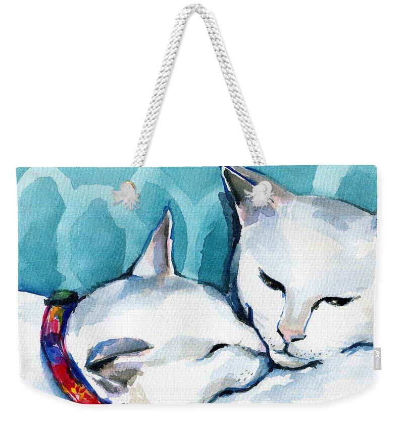 Cat Weekender Tote Bag featuring the painting White Cat Affection by Dora Hathazi Mendes