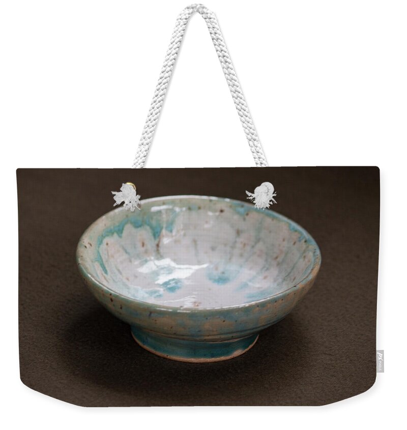Ceramic Weekender Tote Bag featuring the ceramic art White Ceramic Bowl with Turquoise Blue Glaze Drips by Suzanne Gaff