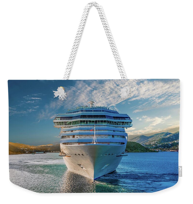 Boat Weekender Tote Bag featuring the photograph White Cruise Ship from Front by Darryl Brooks