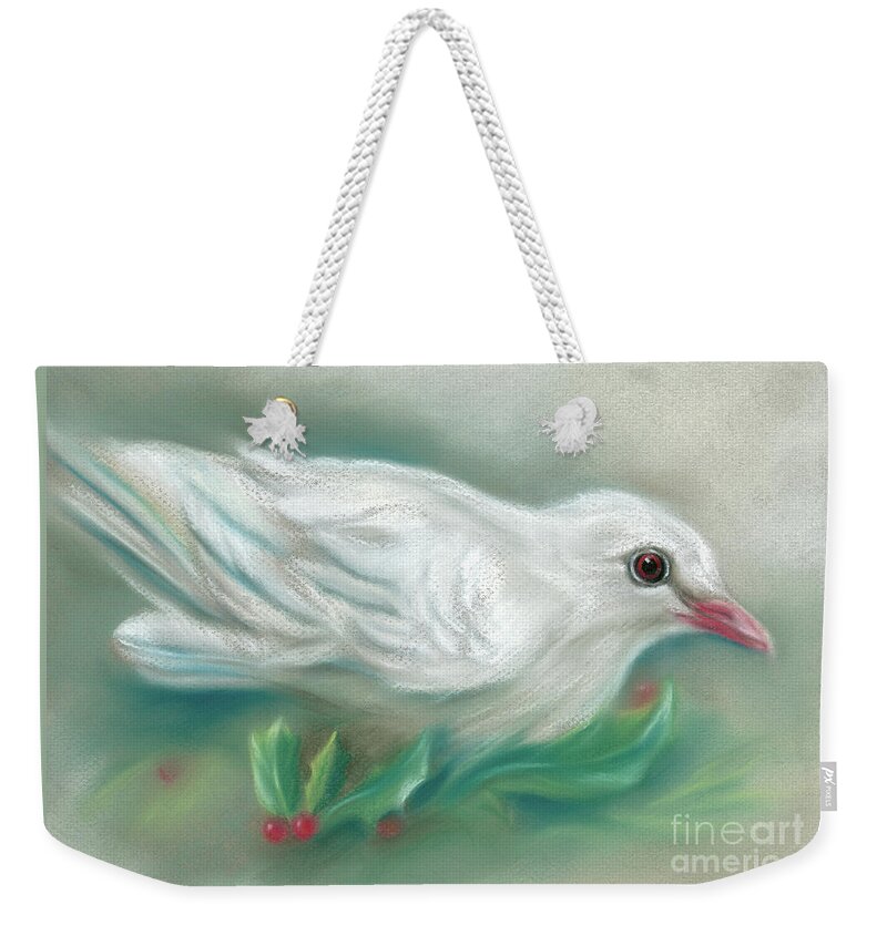 Bird Weekender Tote Bag featuring the painting White Dove with Christmas Holly by MM Anderson