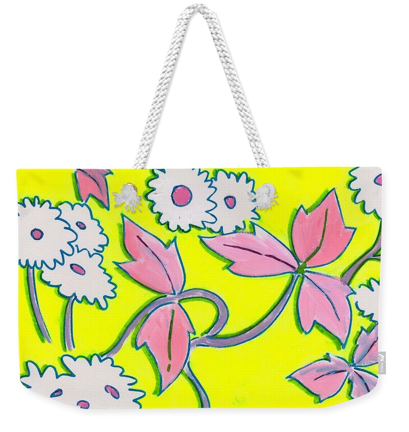 White Flowers Weekender Tote Bag featuring the painting White Flowers on Bright Yellow with light purple leaves pattern by Mike Jory