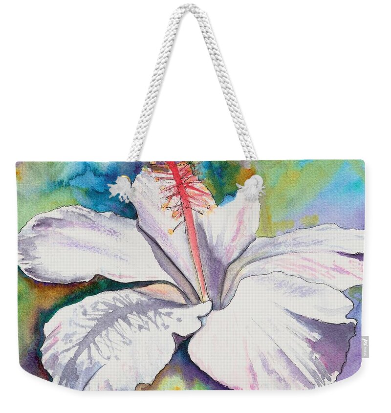 White Hibiscus Weekender Tote Bag featuring the painting White Hibiscus Waimeae by Marionette Taboniar