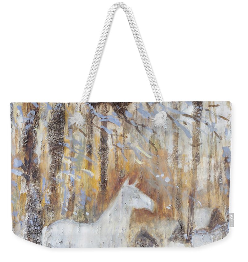 Horse Weekender Tote Bag featuring the painting White Horse in Winter Woods by Ilya Kondrashov