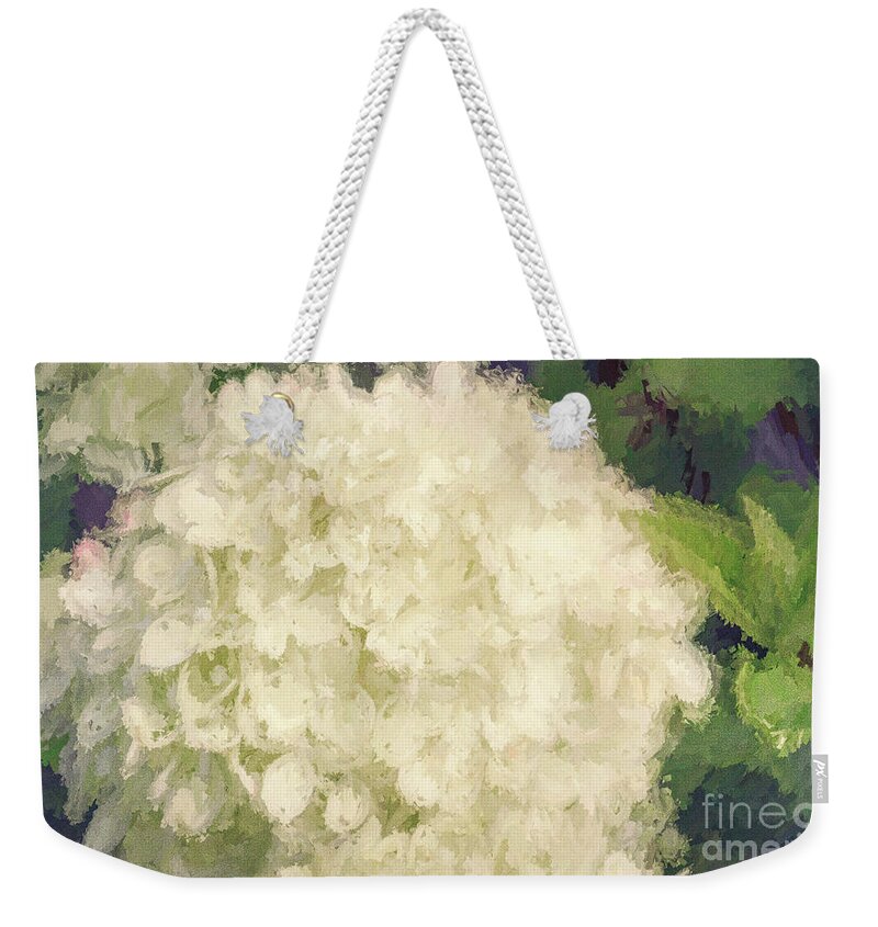 Flower Weekender Tote Bag featuring the photograph White Hydrangeas - Bring on Spring Series by Andrea Anderegg