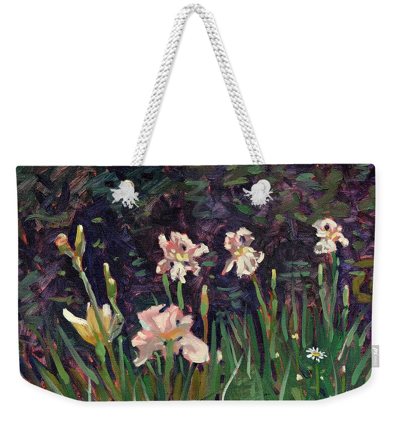 Plein Air Weekender Tote Bag featuring the painting White Irises by Donald Maier