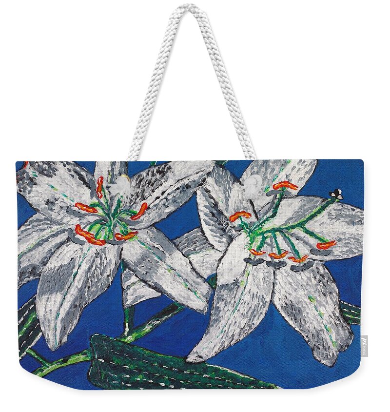 Flower Weekender Tote Bag featuring the painting White Lilies by Valerie Ornstein