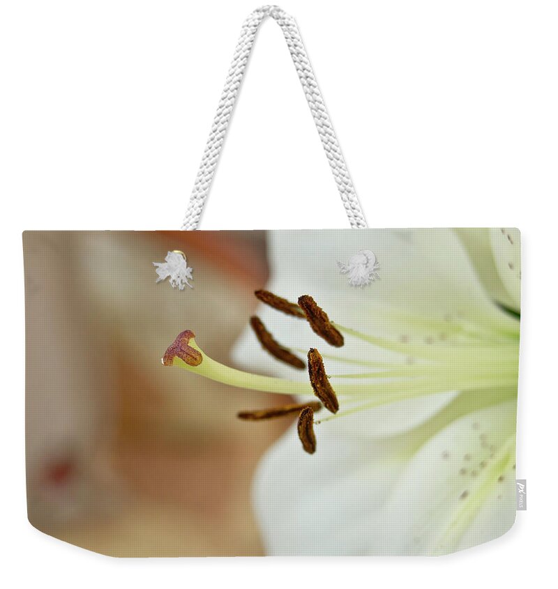 Flower Weekender Tote Bag featuring the photograph White Lily 2 by Elena Perelman