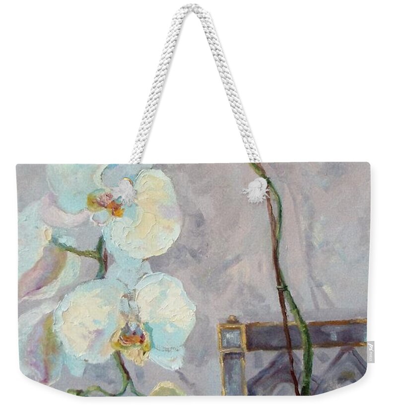 Still Life Weekender Tote Bag featuring the painting White Orchid and Chair by Elinor Fletcher