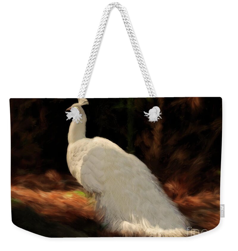 Peacock Weekender Tote Bag featuring the painting White Peacock in Golden Hour by Constance Woods