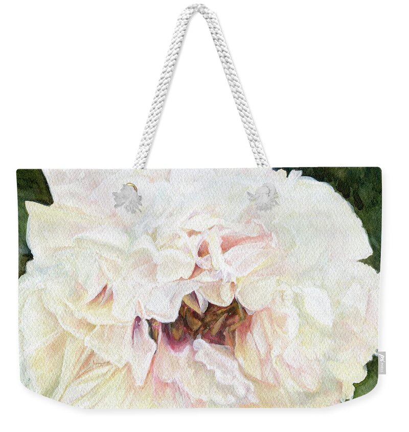 Peony Weekender Tote Bag featuring the painting White Peony by Laurie Rohner