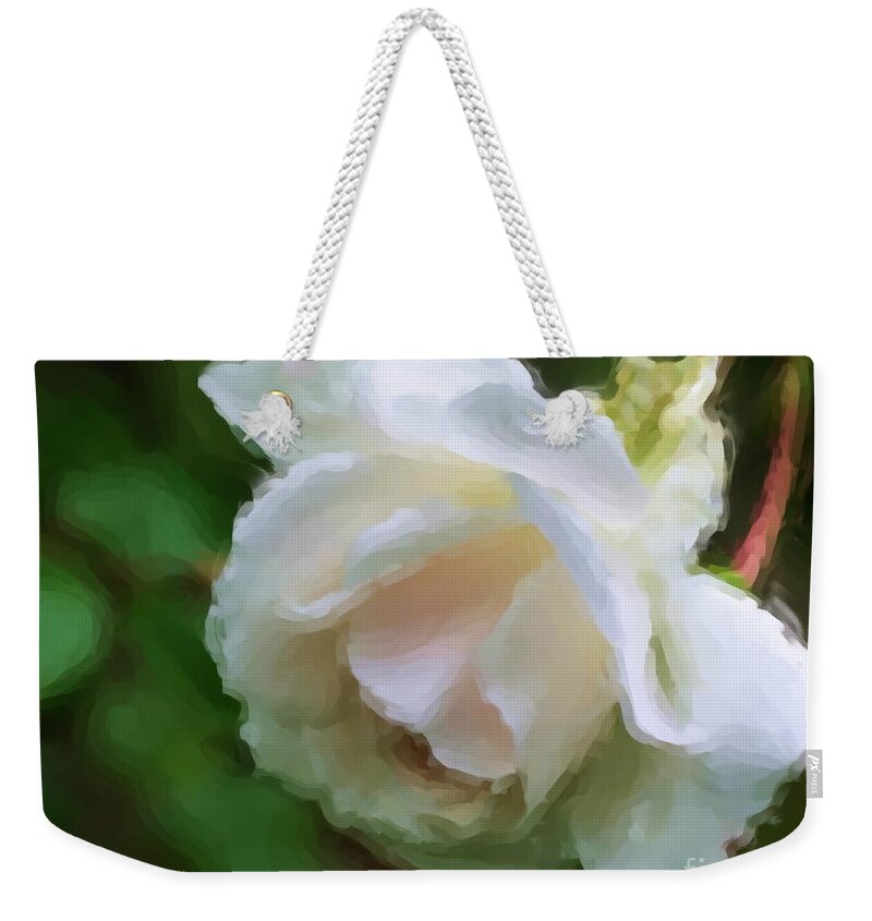 Rose Weekender Tote Bag featuring the painting White Rose In Paint by Smilin Eyes Treasures