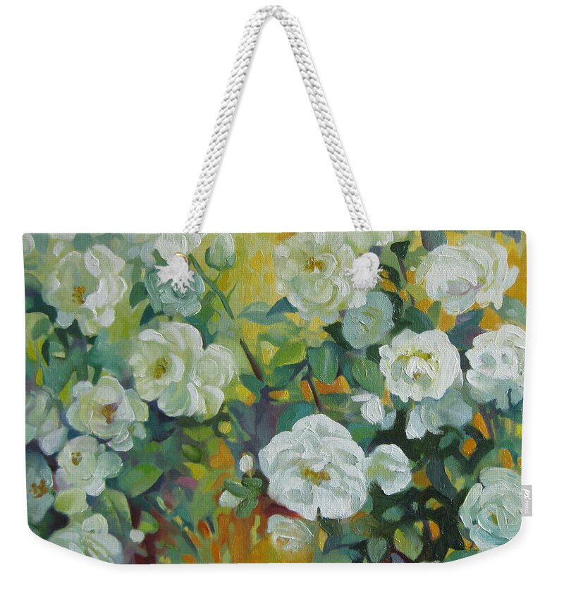Roses Weekender Tote Bag featuring the painting White roses by Elena Oleniuc